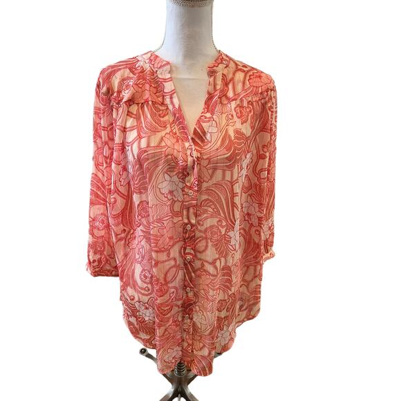 Badgley Mischka Sheer Flowing Tunic Top Pink Floral Print XL - Picture 3 of 8